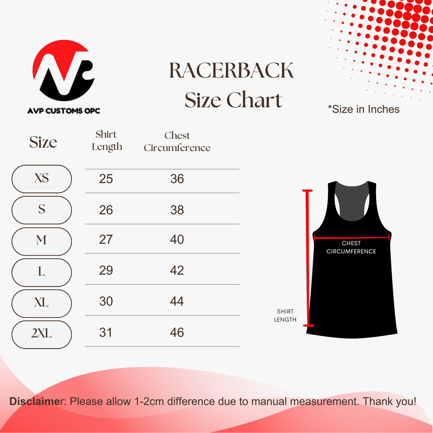 Racerback Size Chart