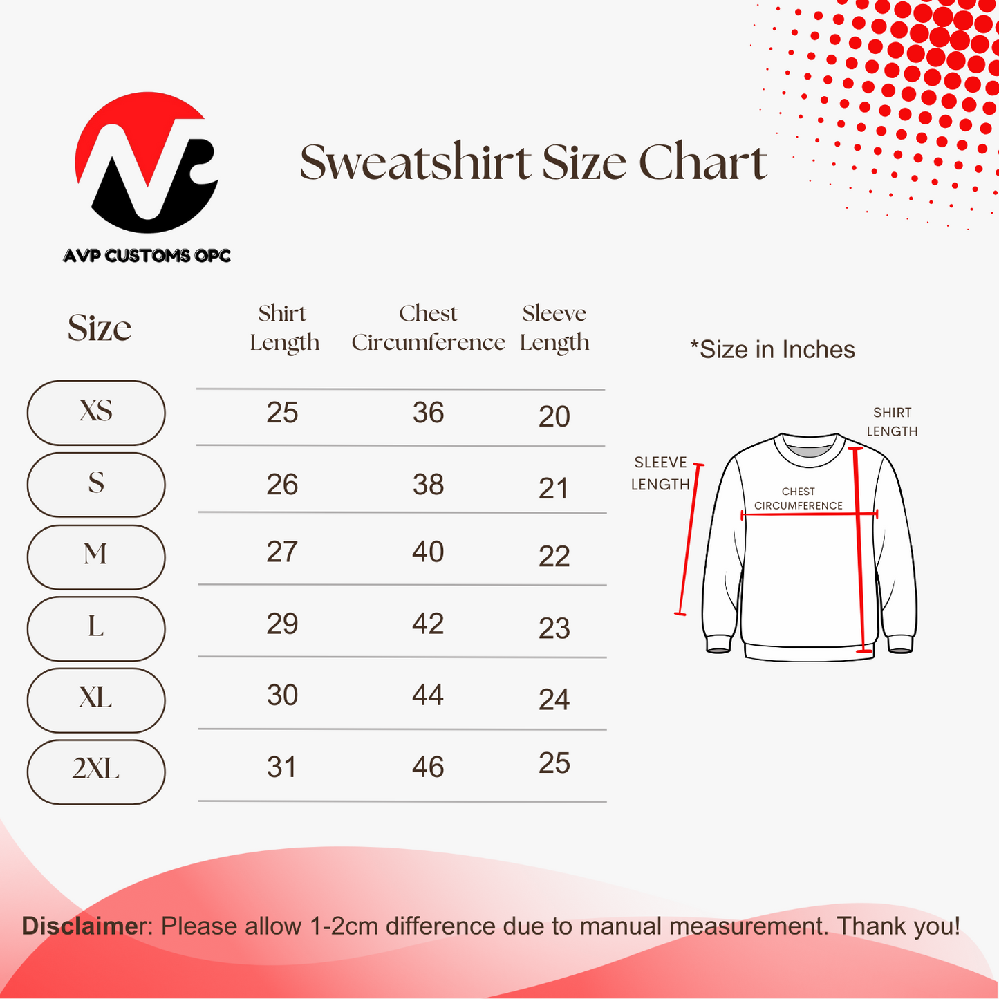 Sweatshirt Size Chart