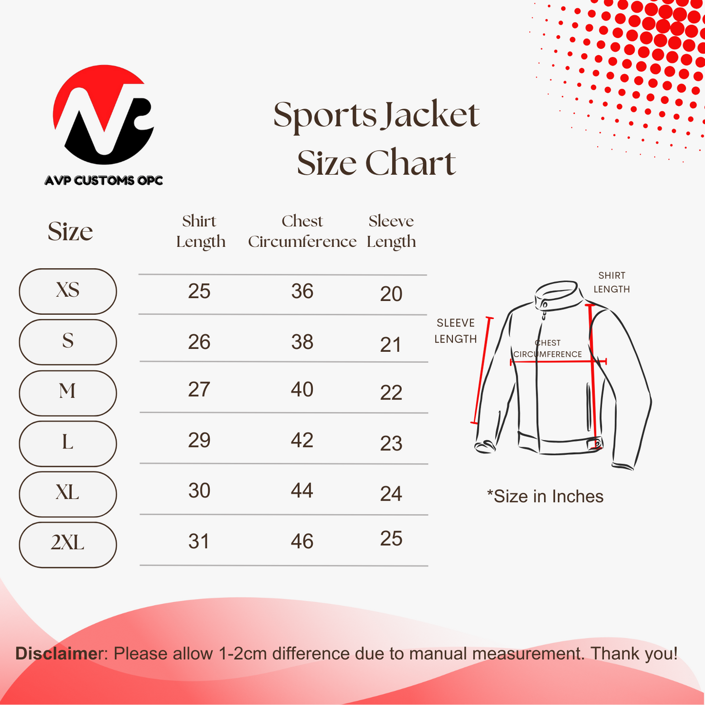 Sublimated Sports Jacket–Premium Yonex Polyester Fabric SIZE CHART