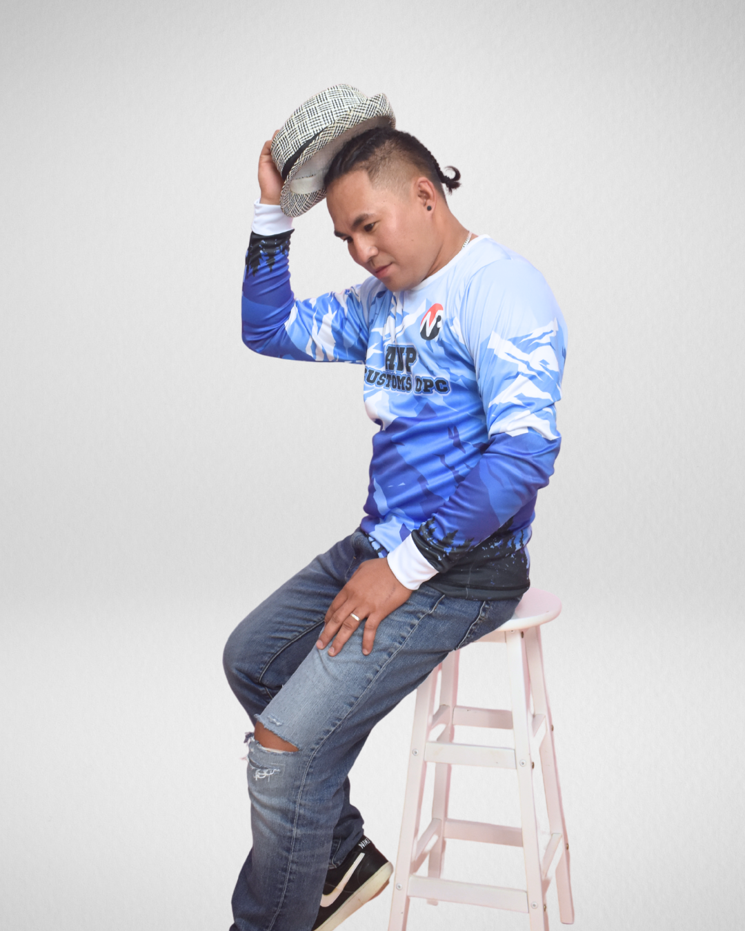 Model wearing personalized sweatshirt by AVP Custom Prints